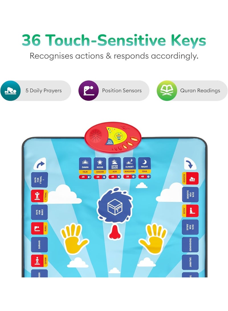 Eworld Interactive Kids Muslim Prayer Mat – Blue Electronic Salah Learning Mat with 36 Touch-Sensitive Keys, 10 Languages, Surahs, Wudu & Duas | Padded Educational Islamic Gift - Image 3